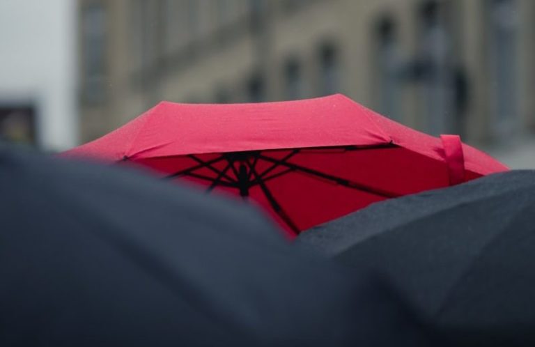 An image of a red umbrella in a sea of black umbrellas